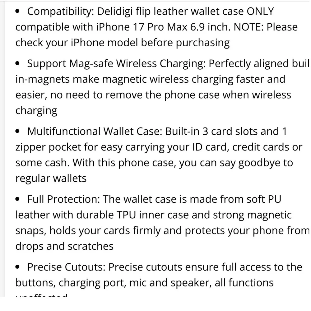 Delidigi iPhone 17 Pro Max Black Leather Wallet Zipper Pouch Card Holder MagSafe